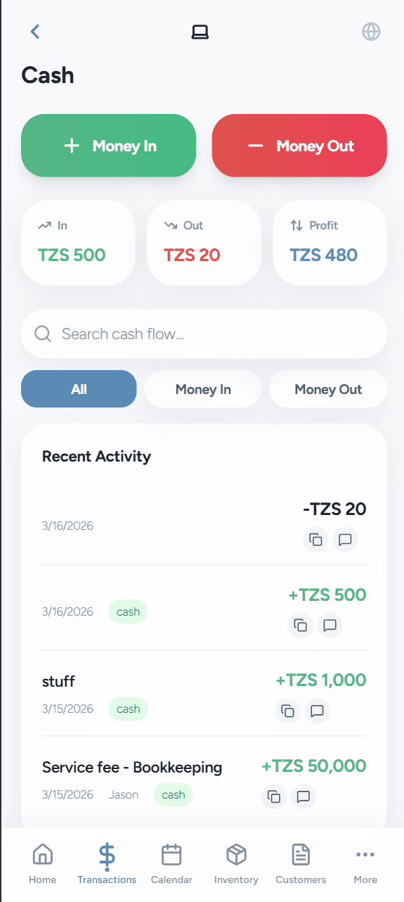 BeeZee Cash page showing transaction tracking