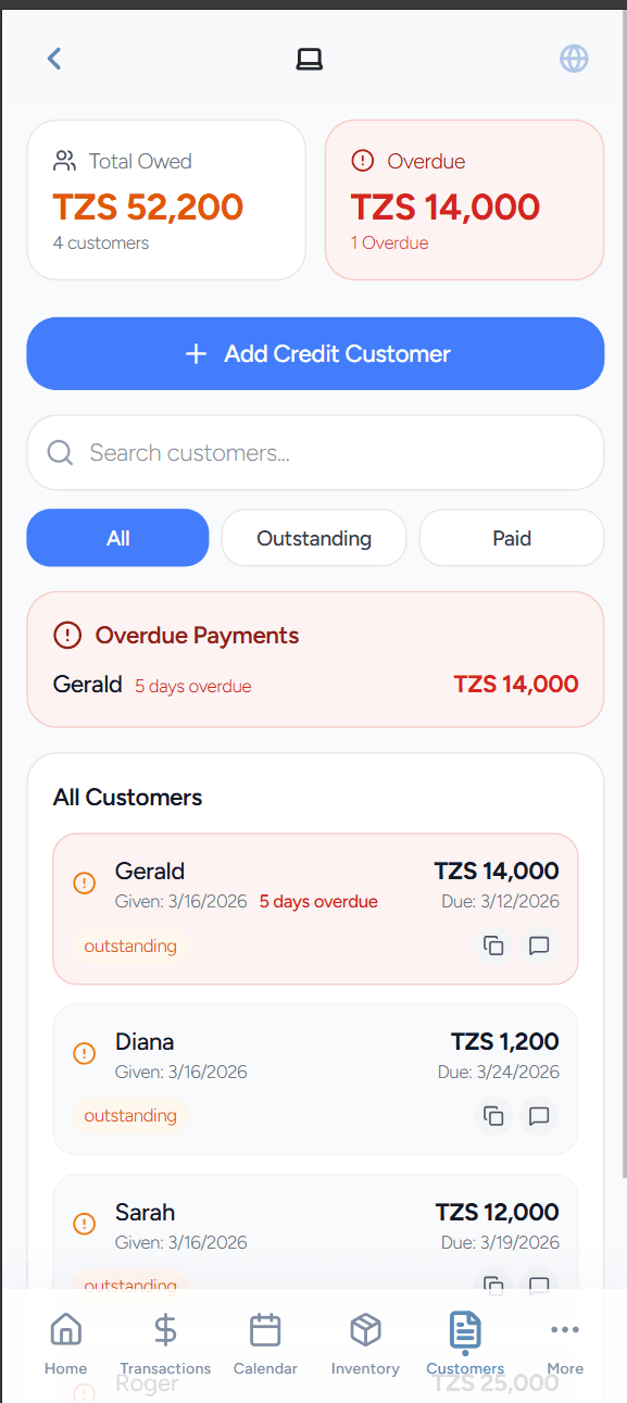 BeeZee Credit page showing credit management