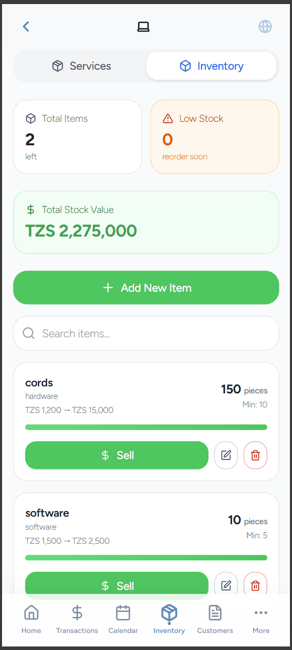 BeeZee Inventory page showing stock management