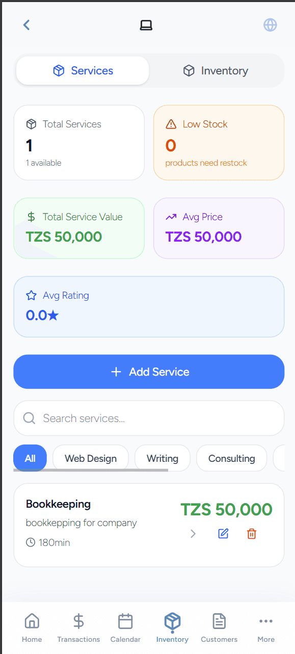 BeeZee Services page showing service catalog